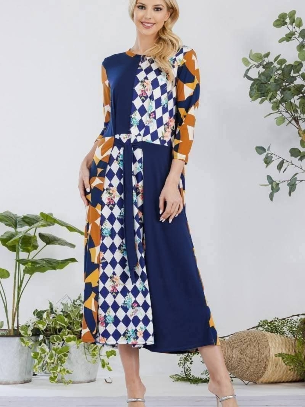 Celeste Navy and Mustard Geometric Midi Dress with Tie Waist